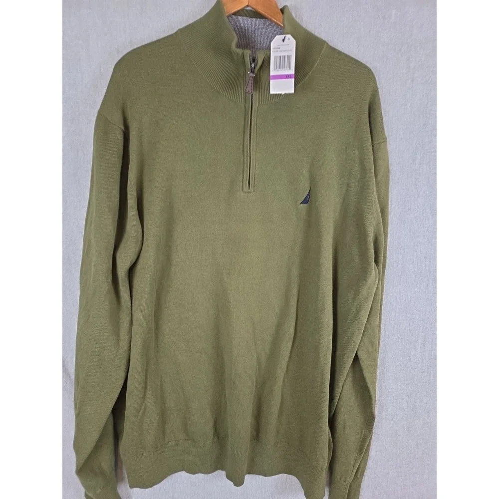 Nautica Mens 2XL Pullover Sweater 1/4 Zip Olive Green Logo‎ Preppy Golf Walk NEW